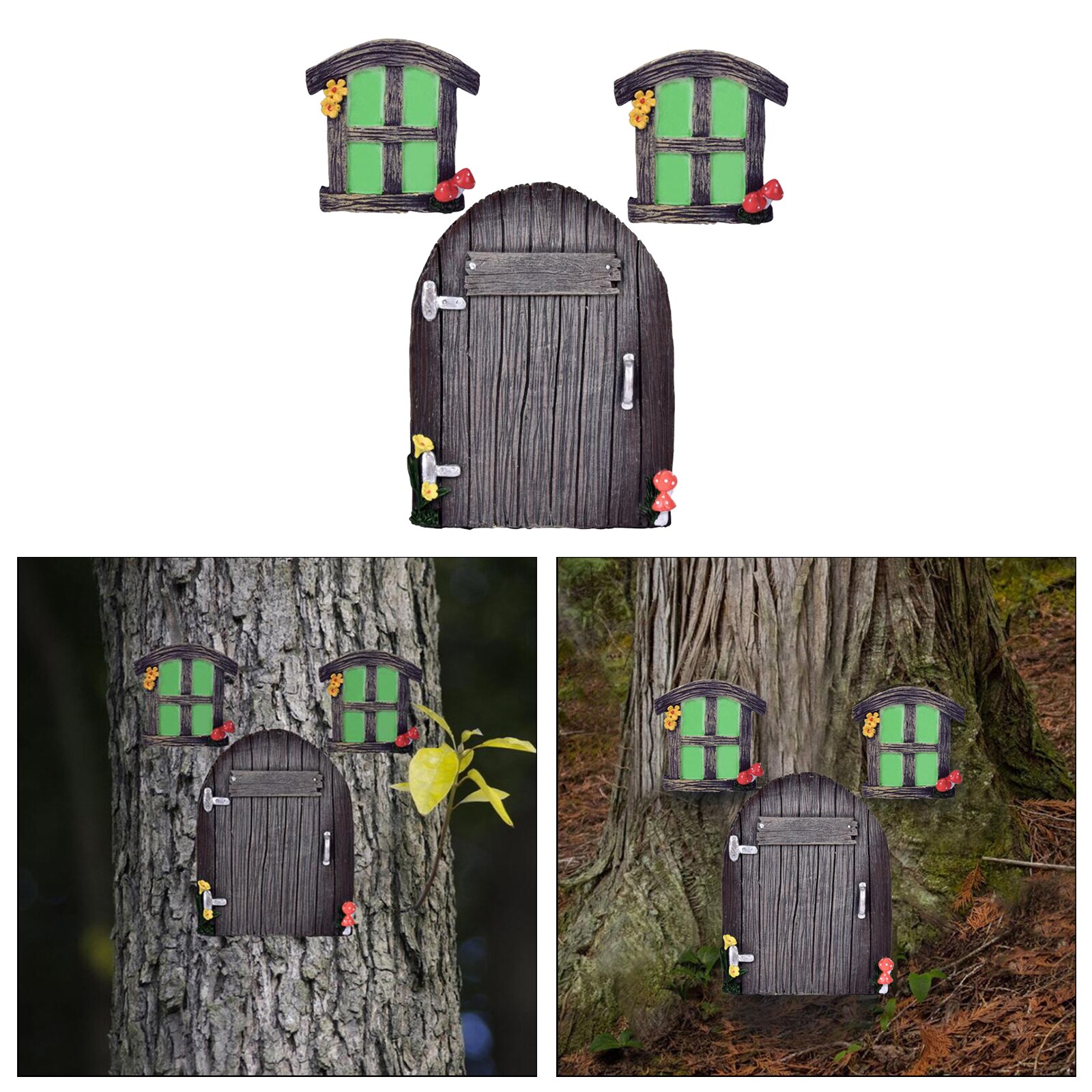Miniature Fairy Gnome Home Window and Door for Trees, Yard Art Garden Sculpture Decoration