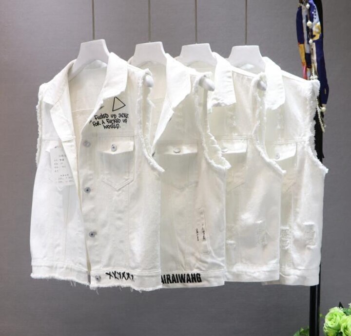 Chaleco vaquero de verano , chaleco de Mujer blanco puro con letras, chaleco de agujeros, chaqueta vaquera salvaje de primavera Para Mujer, chaleco de Para Mujer