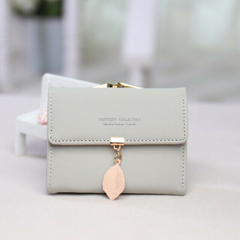 Women's Short Wallet PU Leather Leaf Tassel Clutch Portable ID Credit Card Holder purse: Light Grey