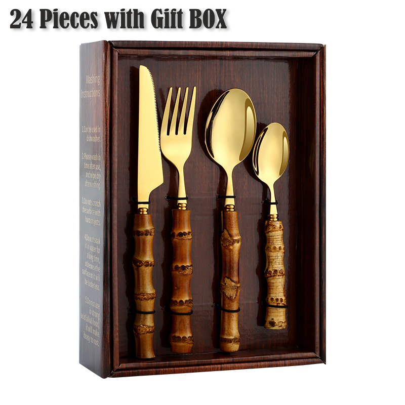 4-24Pcs Natural Bamboo Tableware Set Stainless Steel Includes Fork Knife Spoon Set Flatware With Box Dinnerware Cutlery Set: 24 Pcs Gold