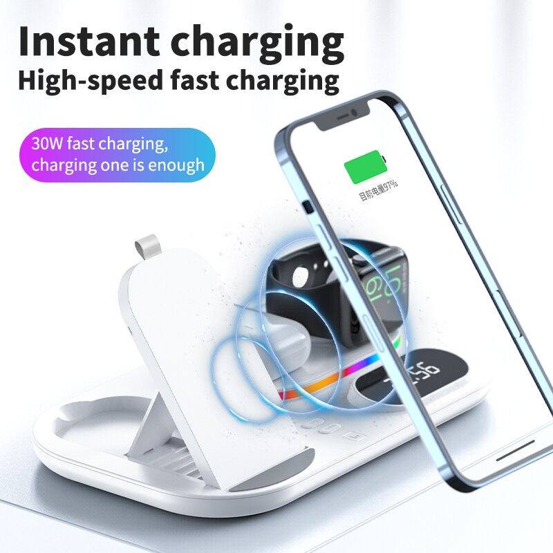 30W Wireless Charging Station Fast Charger for iPhone 13 12 11 iWatch AirPods for Magnetic Phone Charger Dock &amp; RGB Lights