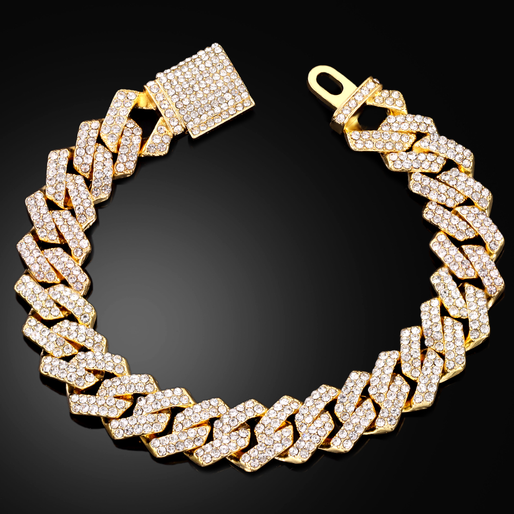 Pulseras de cadena cubana con eslabones helados de 14MM para hombres y mujeres, diamantes de imitación completos, pulsera cubana gruesa de Miami, de joyería Punk Hip Hop