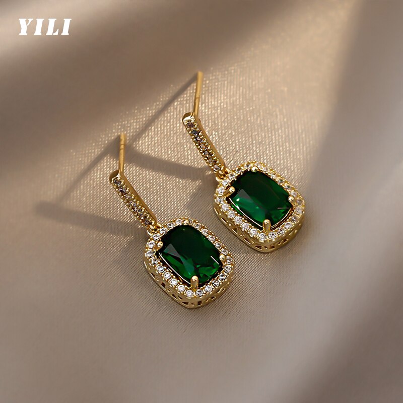 Koreaanse Geometrische Green Crystal Hanger Oorbellen Mode Elegante Zirkoon Oorbel Voor Vrouwen Meisje Wedding Party Luxe Sieraden: Default Title