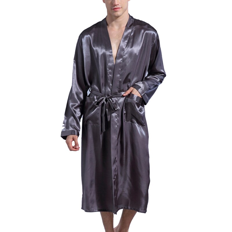 Satin Silk Robes Men Solid with Belt Men's Bathrobe Male Robes Pocket Men Clothing Loungewear Sleepwear Kimono Men Bathrobes: grey / XXL