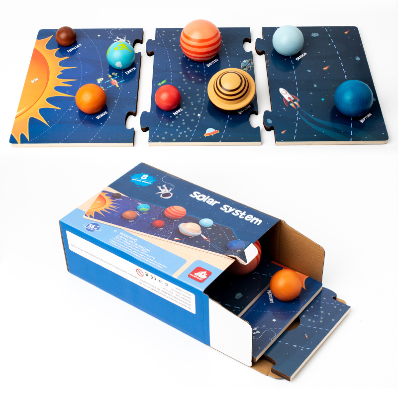 Juguetes de educación temprana de madera Montessori para bebé, rompecabezas 3D de ocho planetas, juguete cognitivo del universo, sistema Solar, tablero a juego de planetas