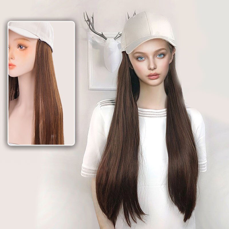 Berretto da baseball con capelli lunghi lisci capelli finti parrucca cappello estensioni dei capelli sintetici cappello con capelli parrucchino naturale per le donne