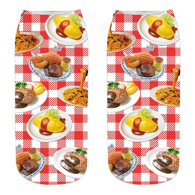 Calcetines de algodón con estampado 3D de comida para mujer, calcetín tobilleros de corte bajo, divertido, hamburguesa, patatas fritas, fruta, piruleta, Harajuku