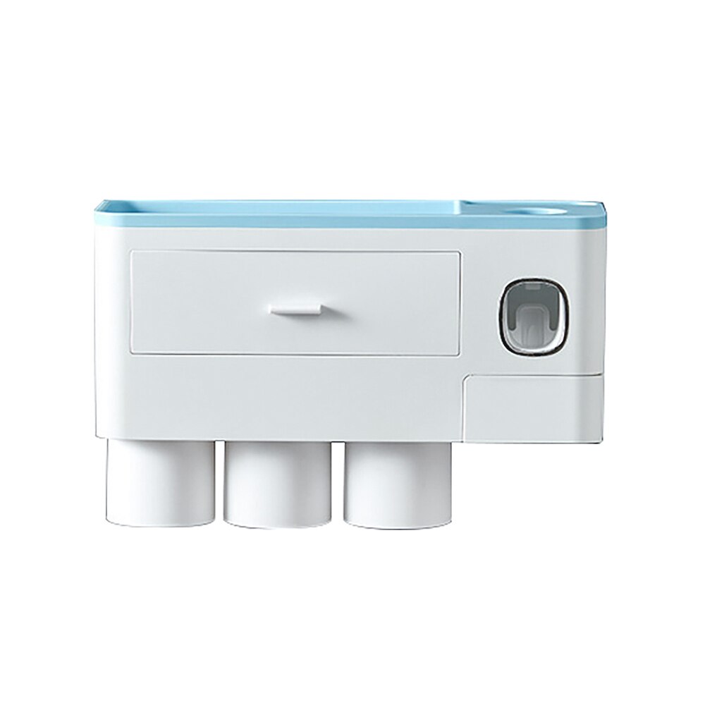 VEVICE Magnetic Adsorption Inverted Toothbrush Holder Automatic Toothpaste Squeezer Dispenser Storage Rack Bathroom Accessories: 3 Cups Blue