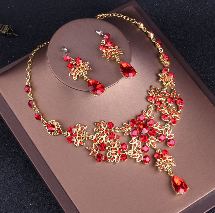 Baroque Vintage Gold Red Bridal Jewelry Sets with Tiaras Choker Crystal Rhinestone Necklace Earrings Set Wedding Crown