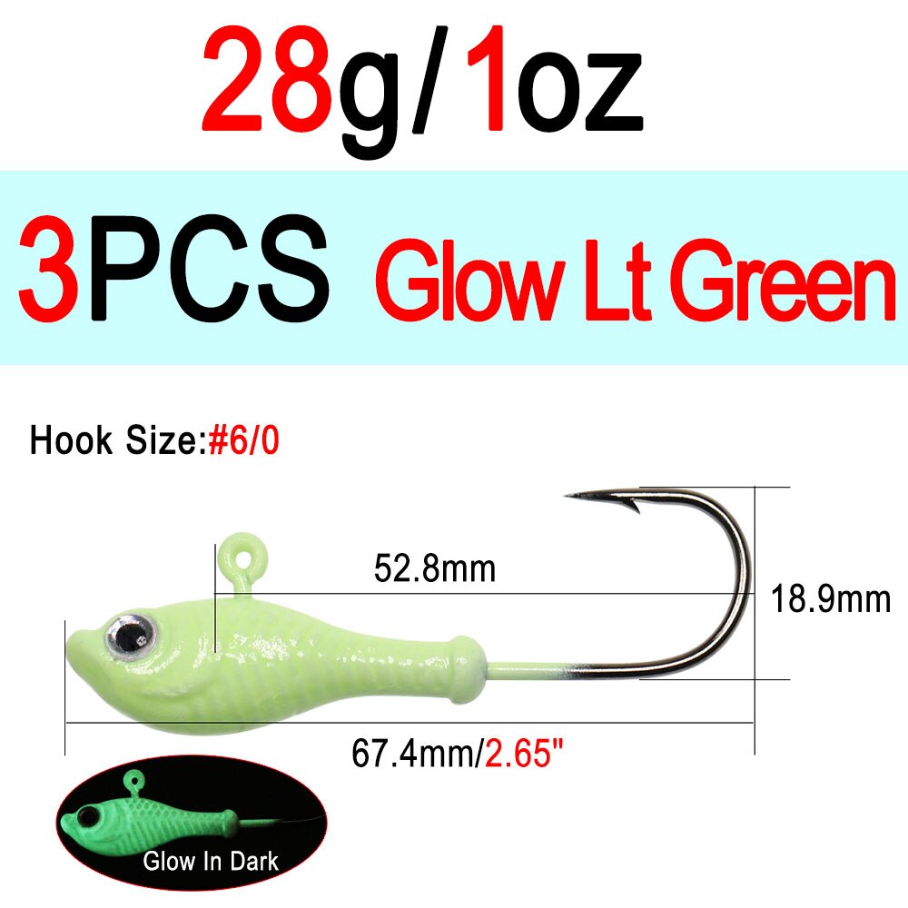 ICERIO 3 stücke 10g 14g 28g glühen Angeln Locken Metall Swimbait Jig Köpfe Haken Bucktail Jig Köpfe salzwasser Wackeln Köder Halfter Haken: 3Stck 28g GL Lt Grün
