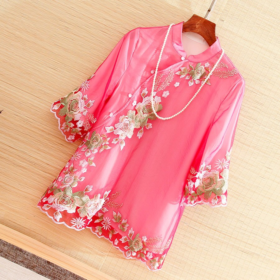 High-end vår sommar kinesisk stil broderi gardenia organza blus skjorta kvinnor lös dam skjorta topp s-xxl: Röd / S