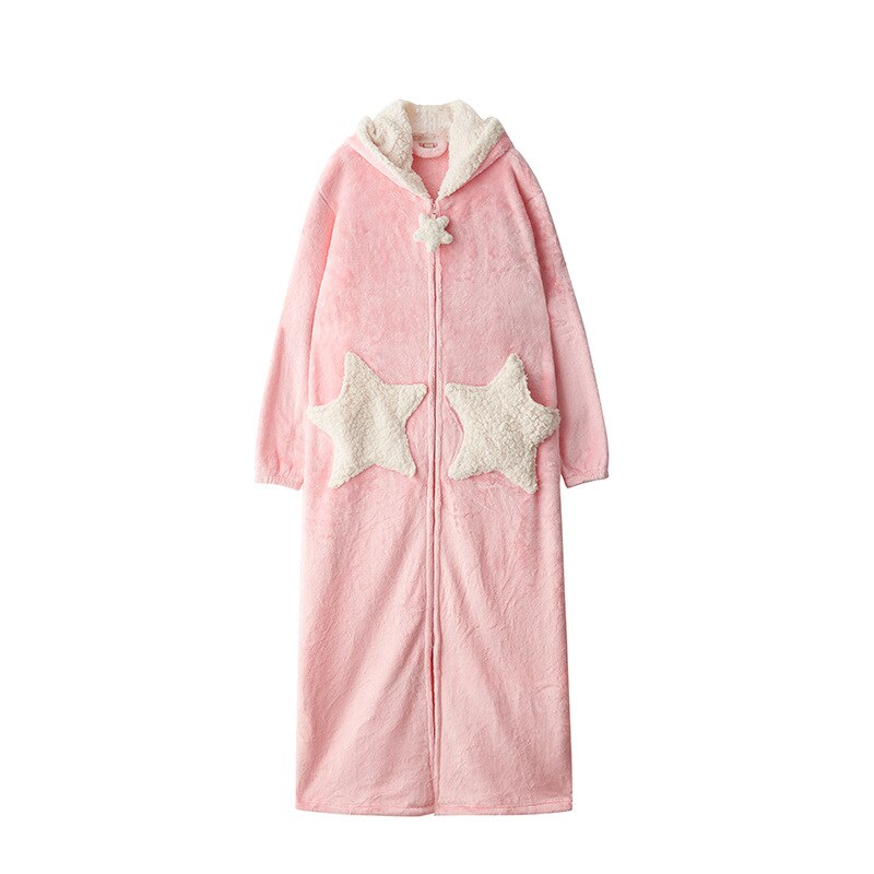 Natkjole til kvinder nattøj kåbe sød forår og efterår tyk dame vinter flannel herre #39 #39 lang koral fleece: Stjerne-lyserød / Xl
