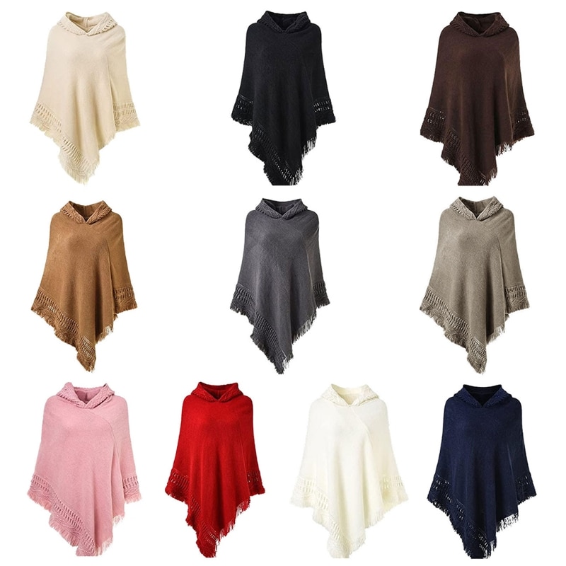 Femmes hiver tricot à capuche Poncho Cape Crochet frangé gland châle Wrap pull M89E