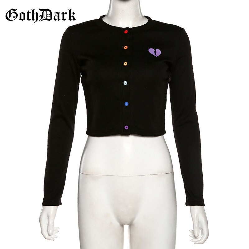 Goth Dark Long Sleeve Gothic T-shirts Women Harajuku Punk Grunge Autumn Winter Cropped Female T-shirt Button: M