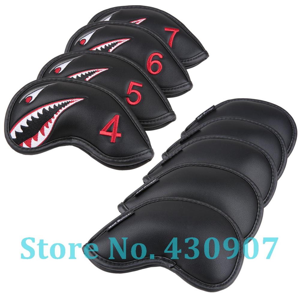9 stuks/set zwarte pu-lederen golfclubijzerkophoes met haaienborduursel, 4,5,6,7,8,9, stuks