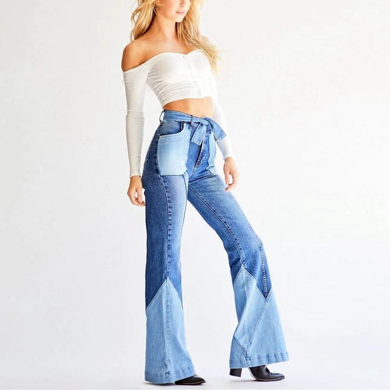 LOOZYKIT Frauen Jeans Push-Up Flare Dünne Denim Hose Vintage Casual Hohe Taille Jean Hose Patchwork Stretchy breite bein jeans