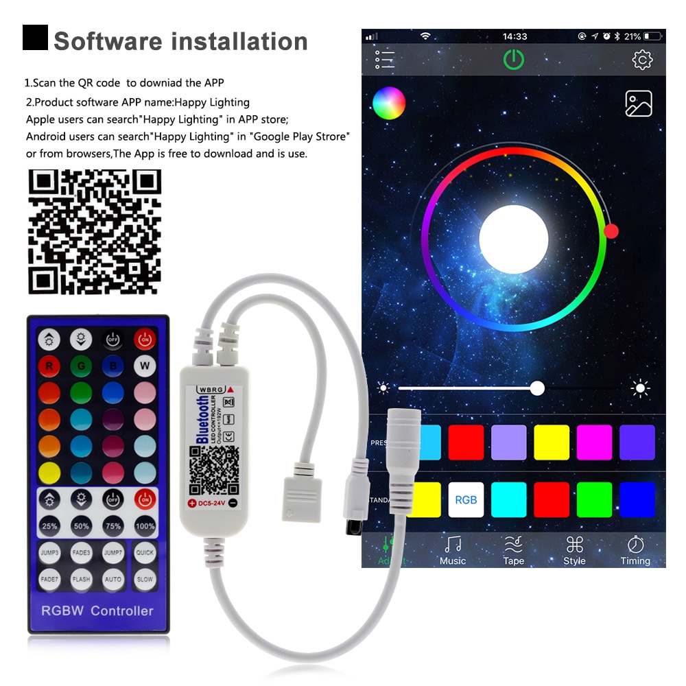 RGBW LED Controller DC12V 40Key IR Afstandsbediening/Bluetooth Controle voor RGBW of RGBWW LED Strip Verlichting.