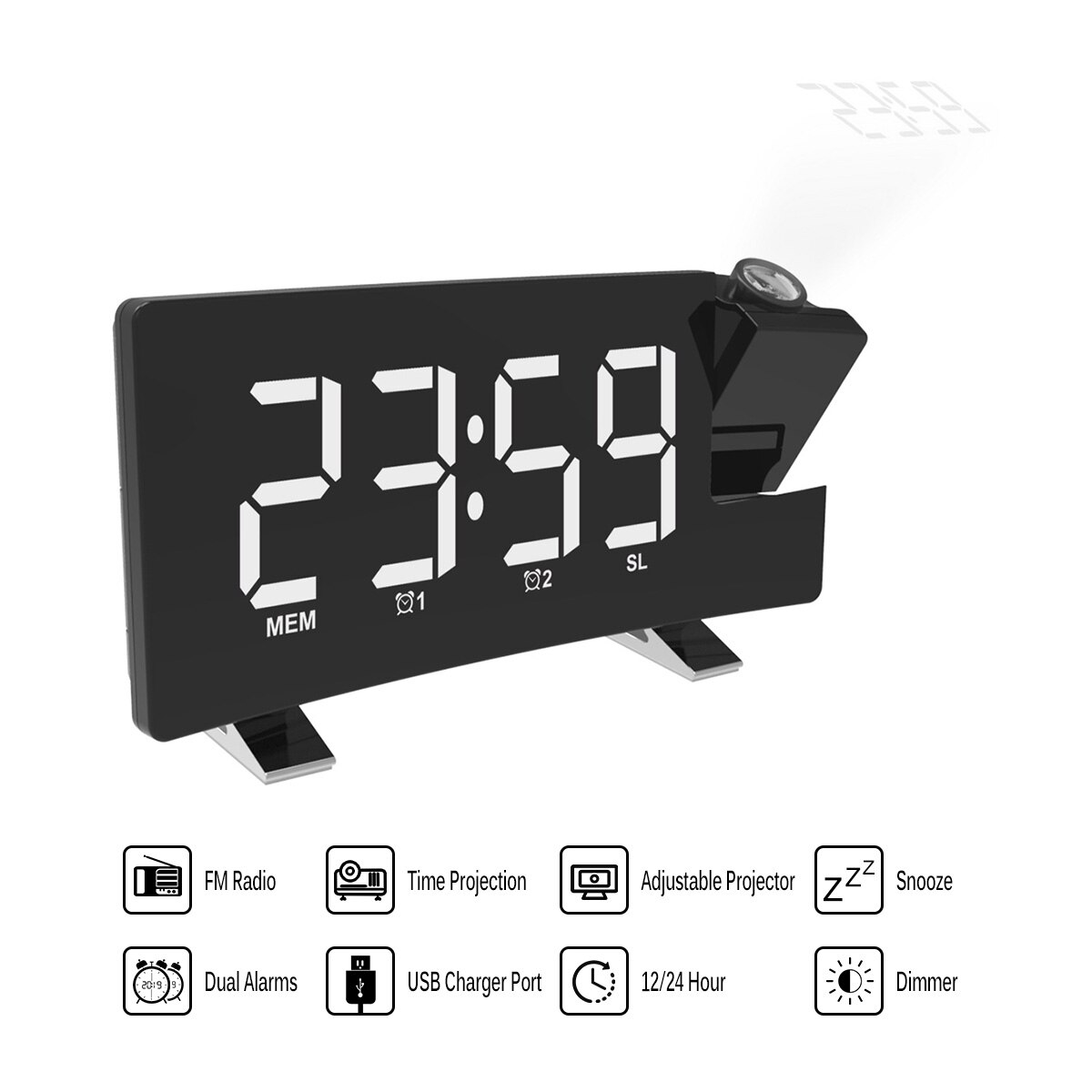 Digital projektor radio väckarklocka snooze timer led display bred böjd skärm usb laddning 180 grader bord vägg fm radio klocka: Lila