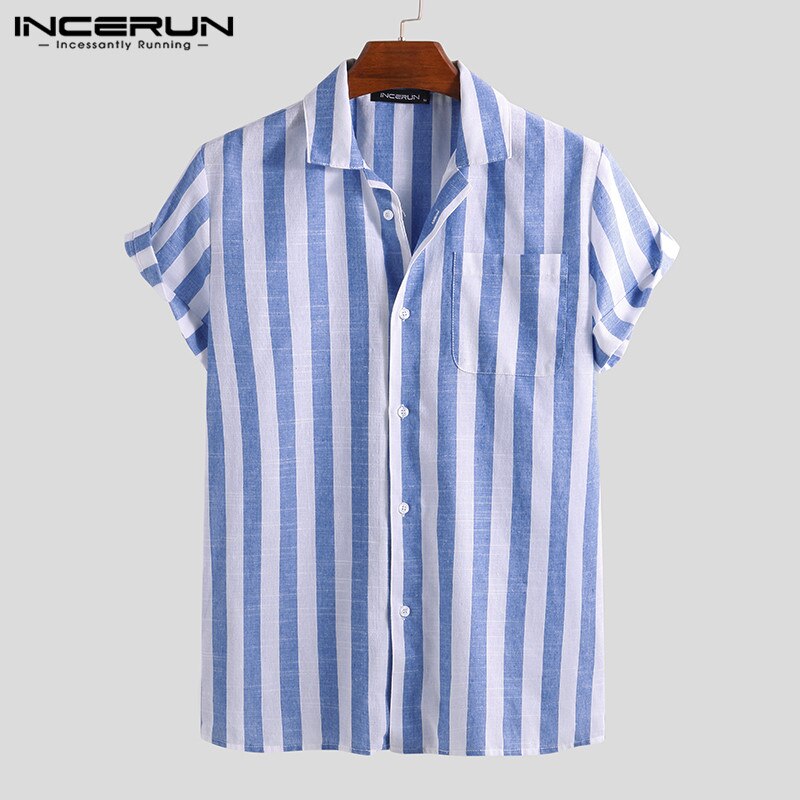 Incerun Mode Casual Shirt Mannen Gestreepte Korte Mouwen Revers Ademend Chic Blouse Camisa Masculina Shirts Mannen S-5XL: Blue Shirt / 4XL