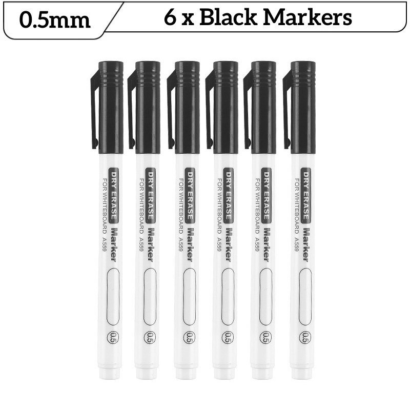 6 Stuks Fijne Tip Droog Wissen Markers Set 0.5/0.7/1.0mm Dunne Whiteboard Pennen Zwart Blauw Rood uitwisbare Markers voor Onderwijs Kantoor: WIT