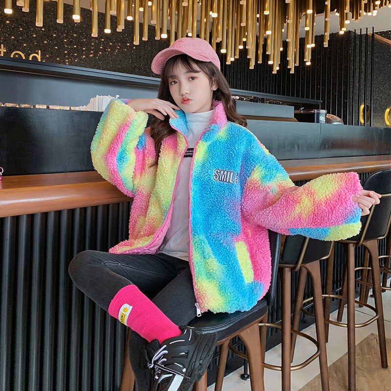 Regenboog Wol Blends Voor Meisjes Winter Kinderen Kasjmier Top Kerst Tiener Fleece Thicken Jacket Kids Kleding Bovenkleding 4-14 jaar