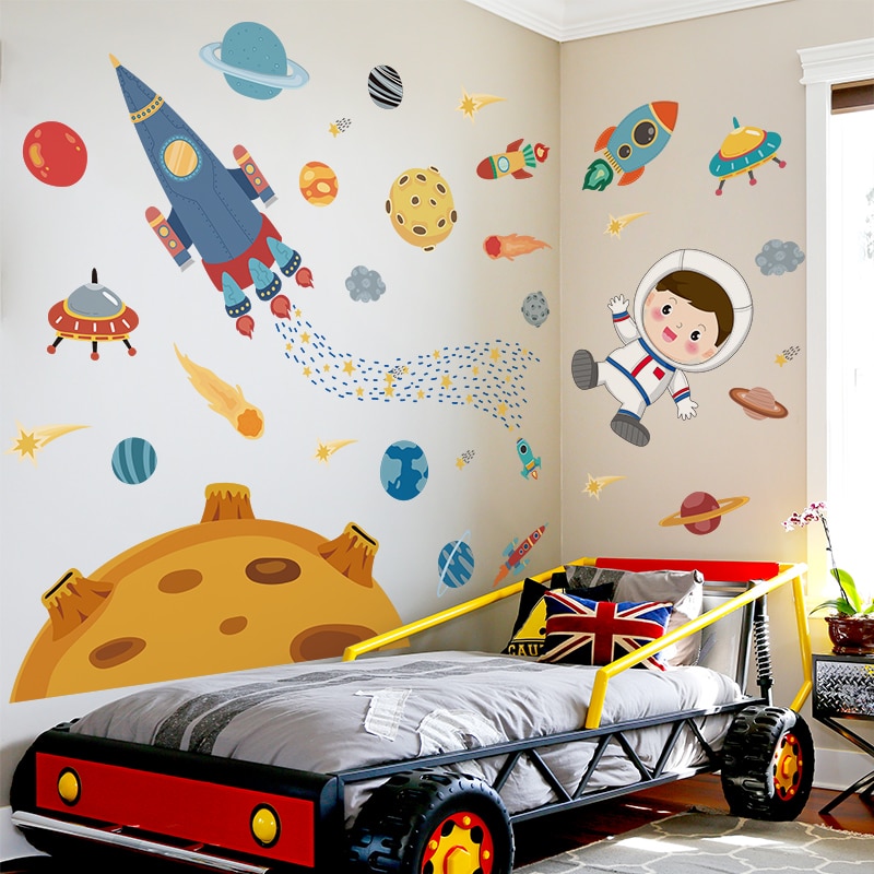 [Shijuehezi] Outer Space Muurstickers Diy Planeten Rockets Astronaut Muurstickers Voor Kinderen Kamers Baby Slaapkamer Home Decoratie