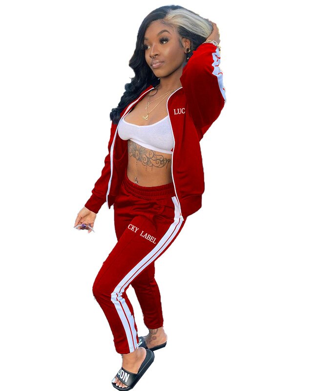Lucky Label 2 Piece Set Women Sportwear striped Outfits Zip Top Leggings Pants Matching Set