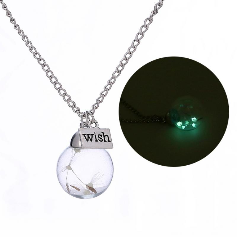 Collar con colgante de cristal transparente para hombre y mujer, cadena Simple con forma de corazón, botella de vidrio, semilla de diente de león