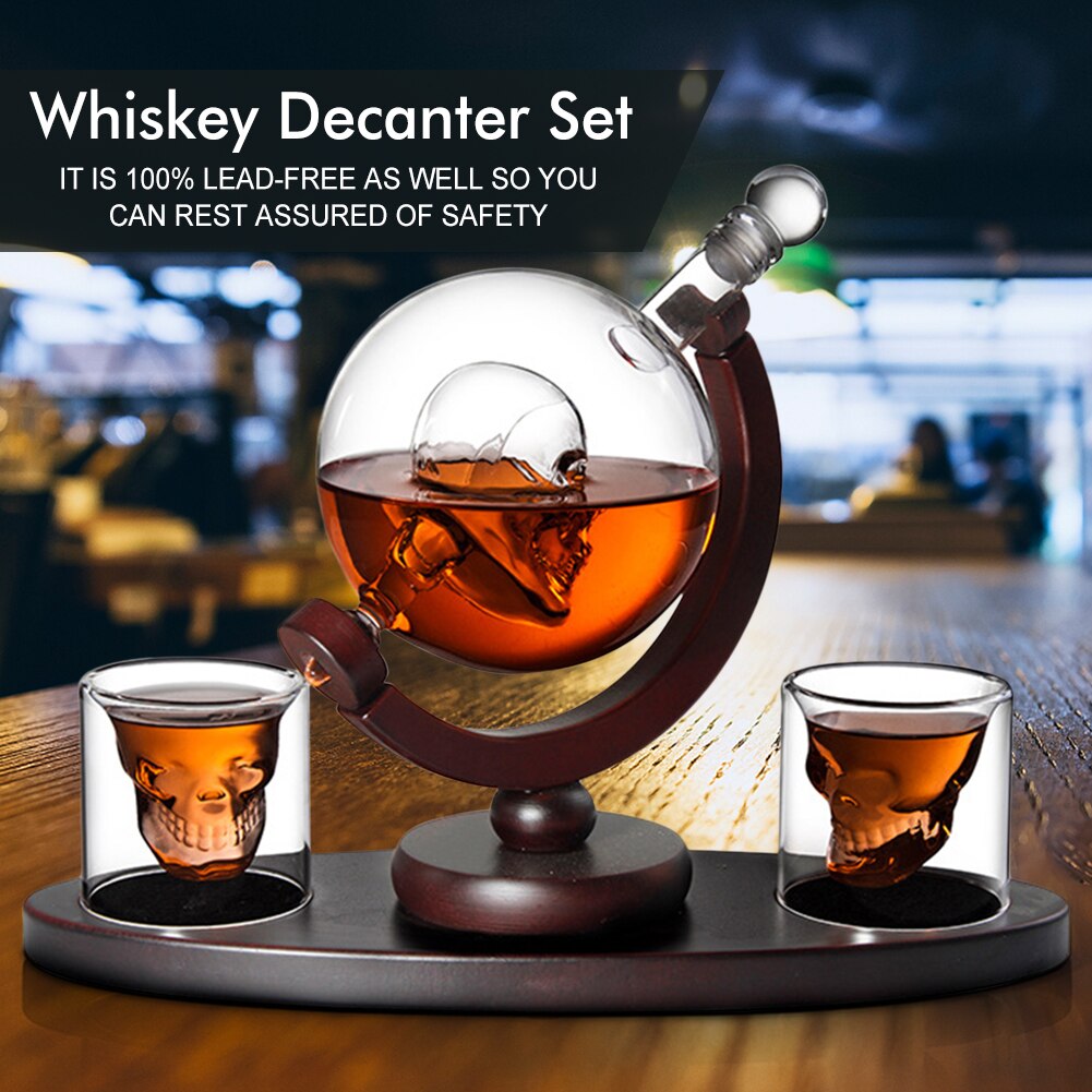 Whisky Karaf Set Schedel Vodka Globe Decanter Met 2 Glazen Drank Dispenser Met Hout Stand