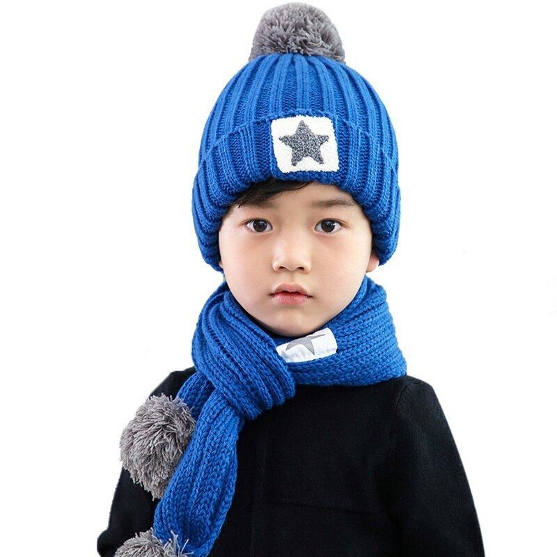 Children Knitted Hats & Scarves Sets Hailball Beanies Knit Kids Winter 2 Pcs Set Winter Hats For Children Hat Winter: Blue