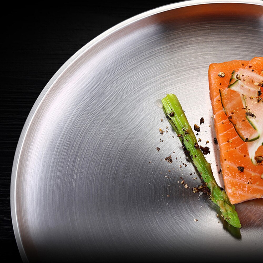 304 Stainless Steel Round Dish Double-wall Shallow Plate with Wire Drawing Finish 17cm