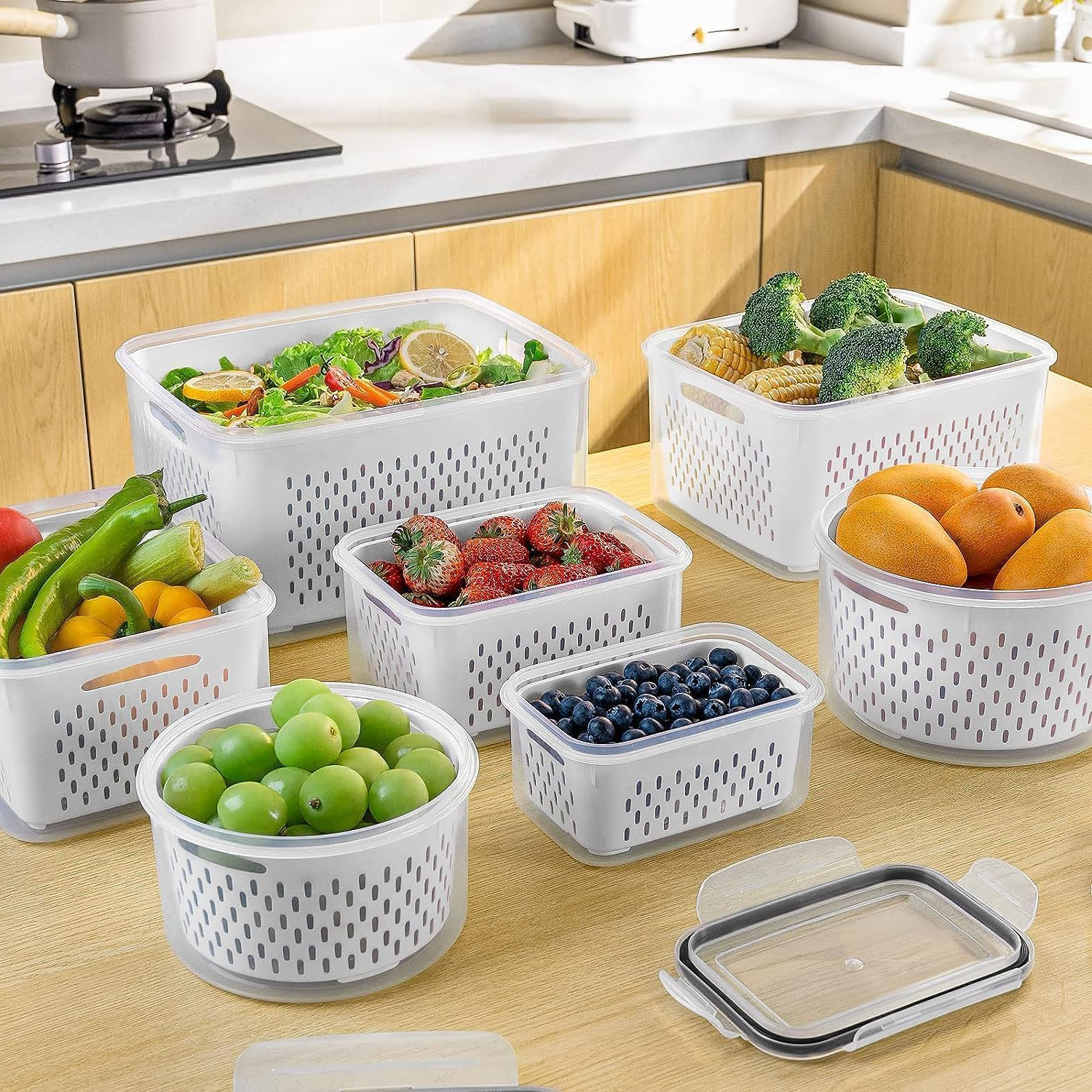 Fruit Storage Containers for Fridge with Removable Colander, Airtight Food Storage Container, Dishwasher Safe Produce Saver Cont