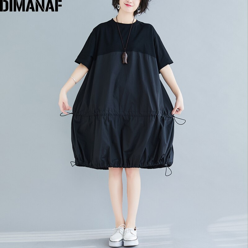 DIMANAF-vestido holgado y plisado de algodón para mujer en tallas grandes, informal, negro, liso