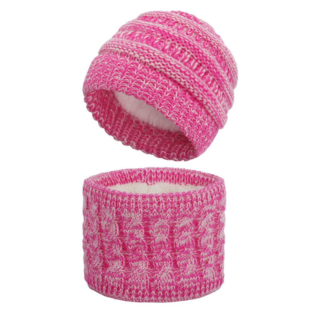 Winter Children's Skullies Hat Scarf Set Thick Knitted Kids Two pieces Fluffy Hats Scarf Sets Solid Warm Cap Girls boys Hats