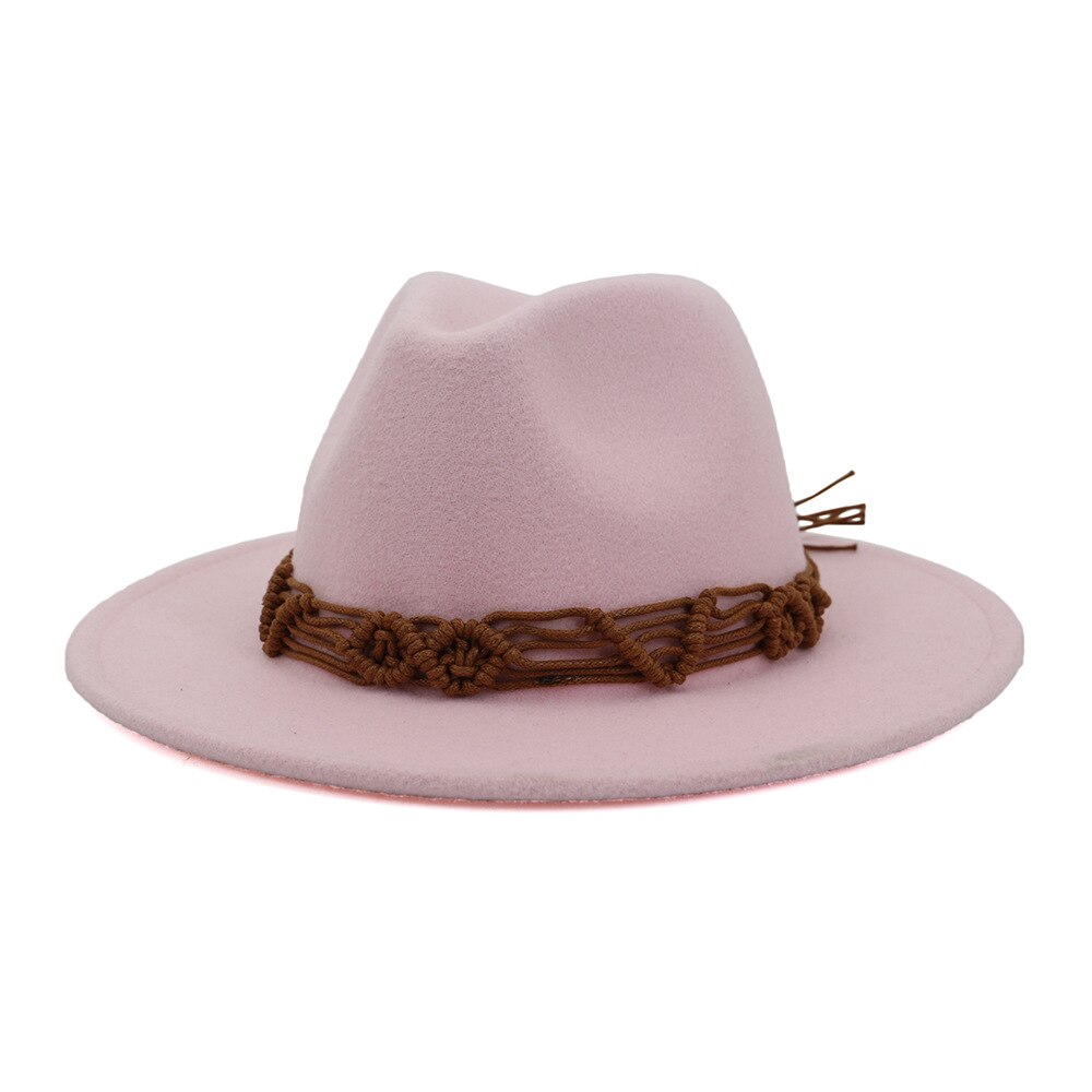 HanXi Women Hat Wool Fedoras Felt Hat Flat Brim Cap Twist Band: pink