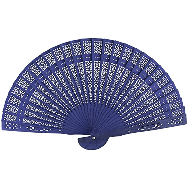 2Pcs 8 Inch Chinese Japanese Folding Fan Wooden Hand Flower Bamboo Pocket Fan for Home Decor Party Decoration - Blue & Black
