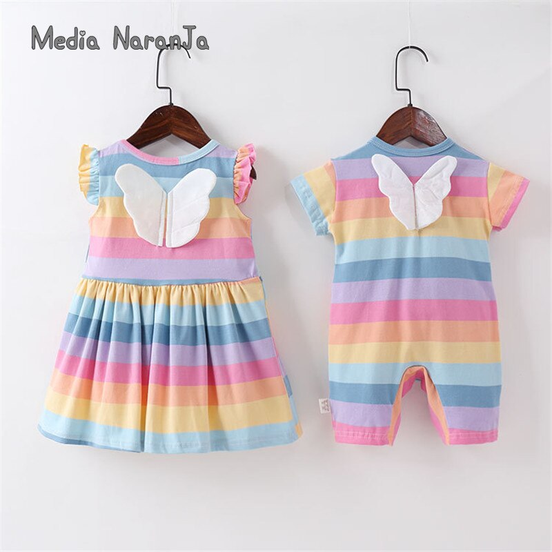 Baby Meisjes Jongens Zomer Cloting Baby Peuter Regenboog Gestreepte Wing Dressromper Kinderen Zus Broer Kleding