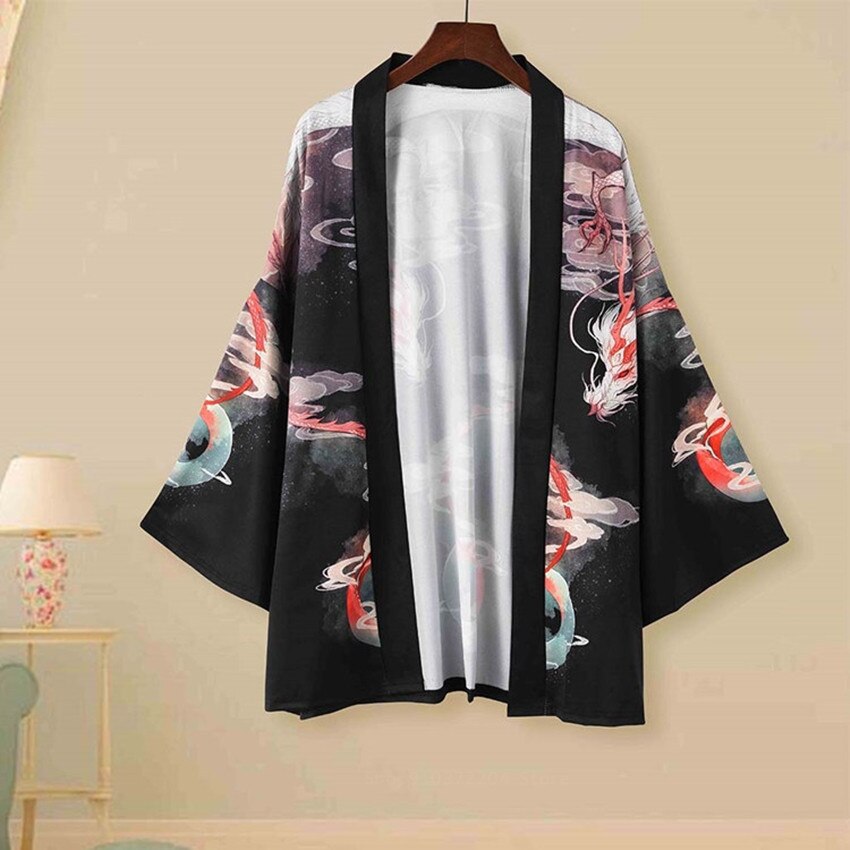 Harajuku streetwear samurai kostuum heren japanse traditionele haori kimono drakenprint casual vest unisex losse yukata