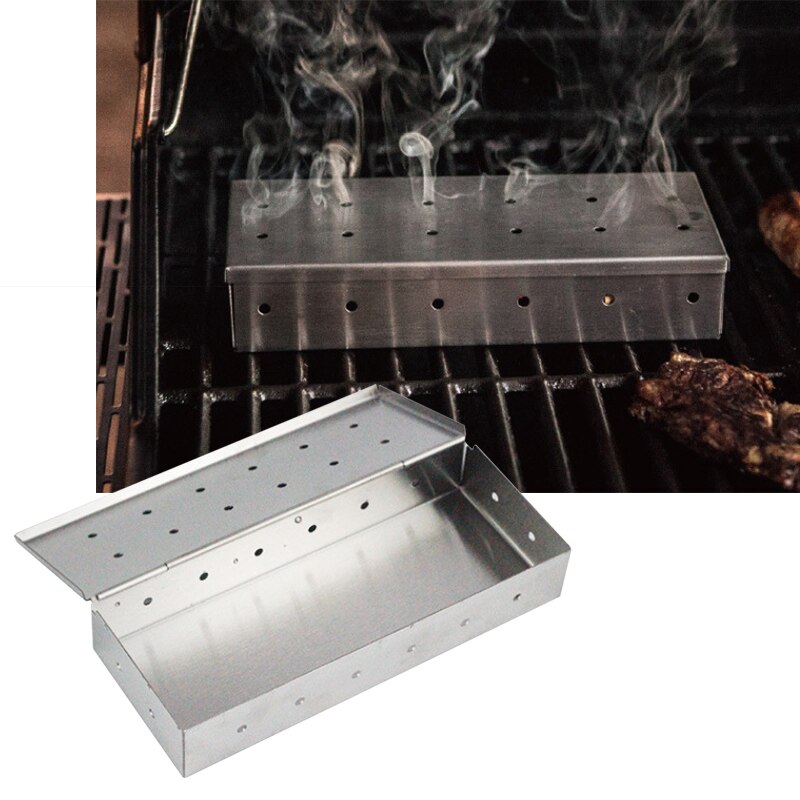 Caja de ahumador para barbacoa, tapa con bisagras, suministros de parrilla de acero inoxidable para astillas de madera, carbón de leña P7Ding