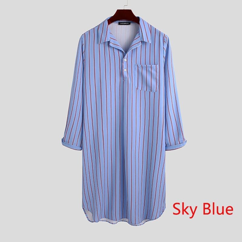 INCERUN Men Striped Nigthwear Robes Long Sleeve Lapel Sleep Robes Loose Pockets Homewear Breathable Bathrobes Plus Size7: Sky Blue / 5XL