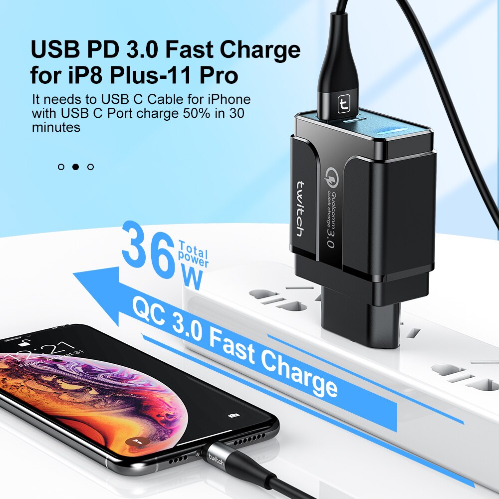 Twitch-cargador USB de carga rápida 3,0 PD tipo C para Samsung, iPhone, Huawei, tableta QC 3,0, adaptador de pared de teléfono móvil LED