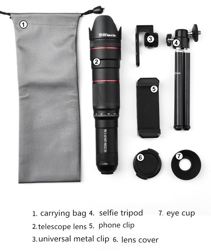 HD 50X lente de teléfono Cámara telefoto Zoom Monocular lente de telescopio SelfieTripod para todos los Smartphones ajustable lentes de teléfono celular: Default Title