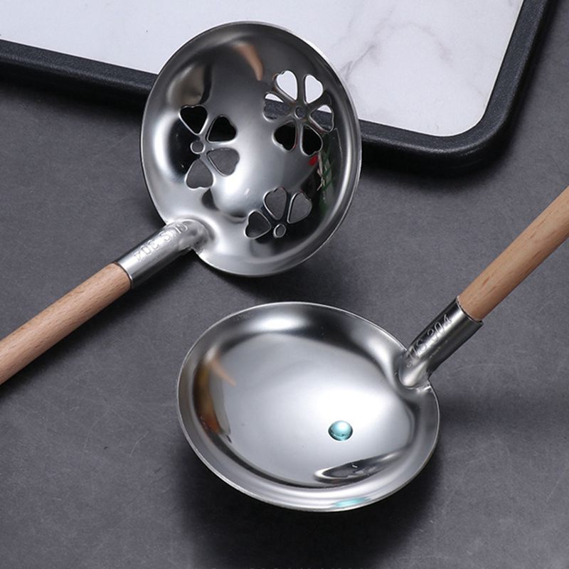 Stainless Steel Soup Spoon Japanese Style Wooden Handle Colander Pot Drain Spoon Kitchen Cooking Spoon Kitchen Supplies
