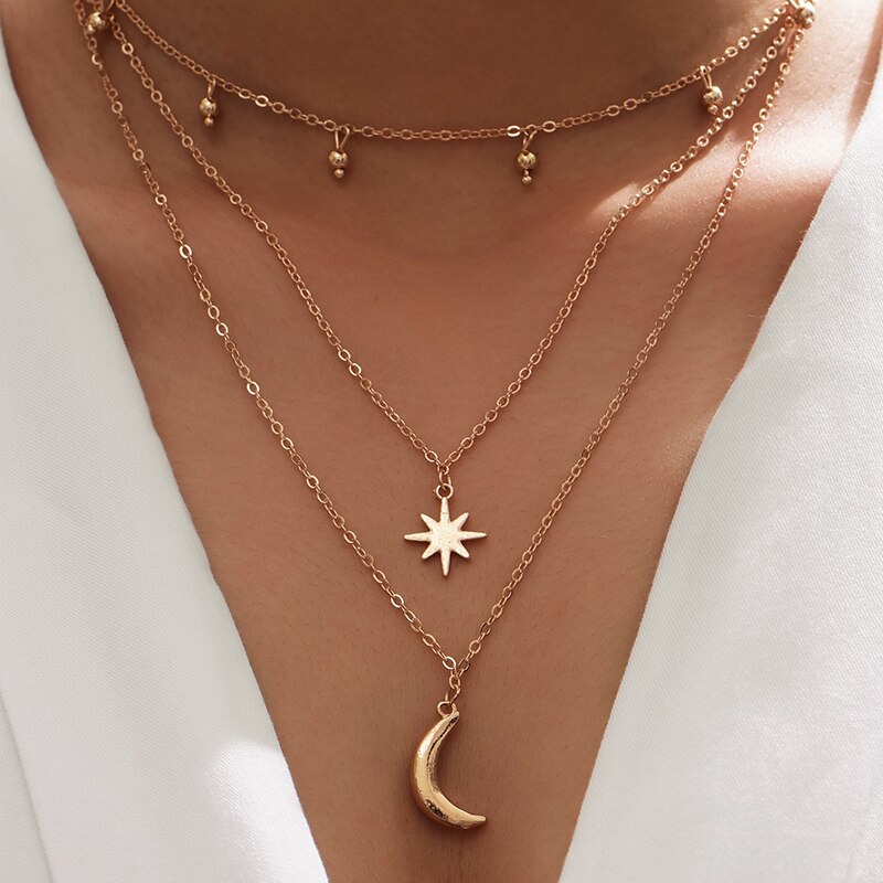 Tocona Bohemia Shell Star Moon Pendant Tassel Necklaces for Women Charm Long Chain Choker Necklace Vintage Punk Jewelry: 18055-gold