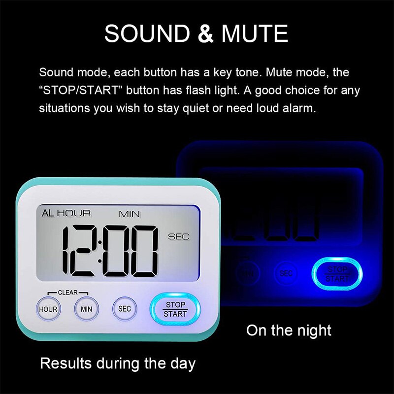 Digital Kitchen Timer Loud Alarm Clock, LCD Sn Silent/Beeping Multi-Function for Teachers Kids, Sky Blue