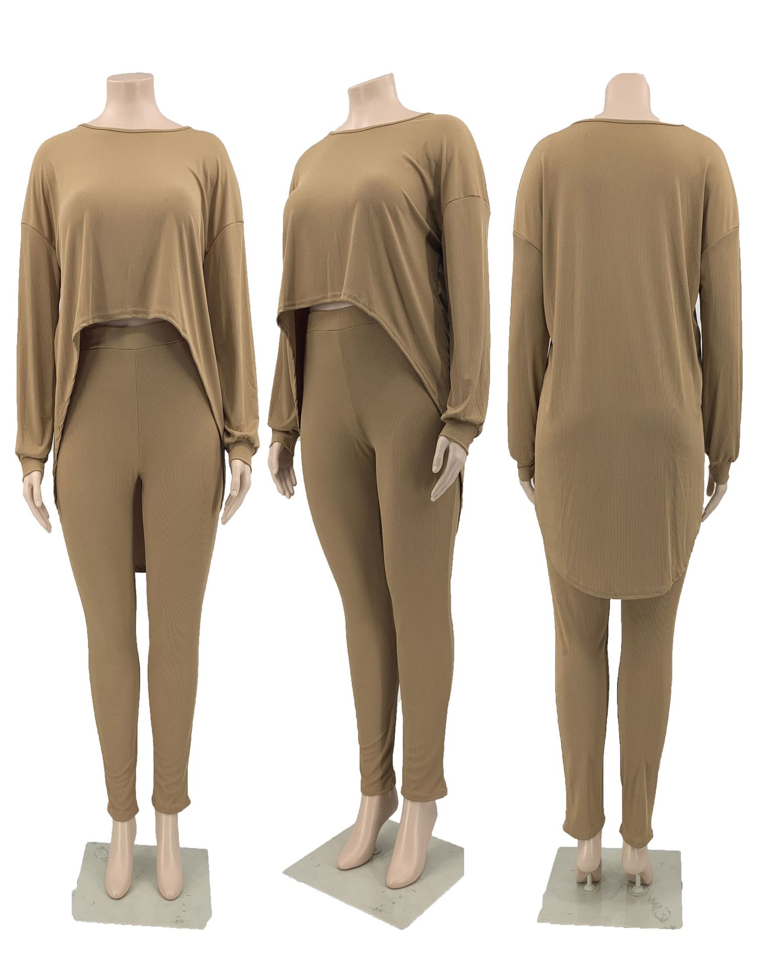 Plus Size Casual Ribbels Loungewear Solid Vrouwen Tweedelige Set Losse Lange Mouwen Ronde Hals Onregelmatige Shirt Bijpassende Pak Pyjama