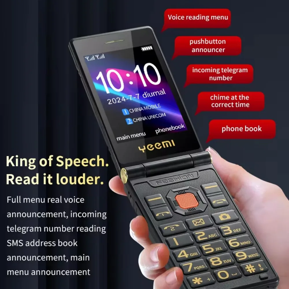 Yeemi m7 + robusto 4g recurso telefone botão grande banda completa flip telefone duplo sim tela dupla celular para velho 6800mah bateria grande