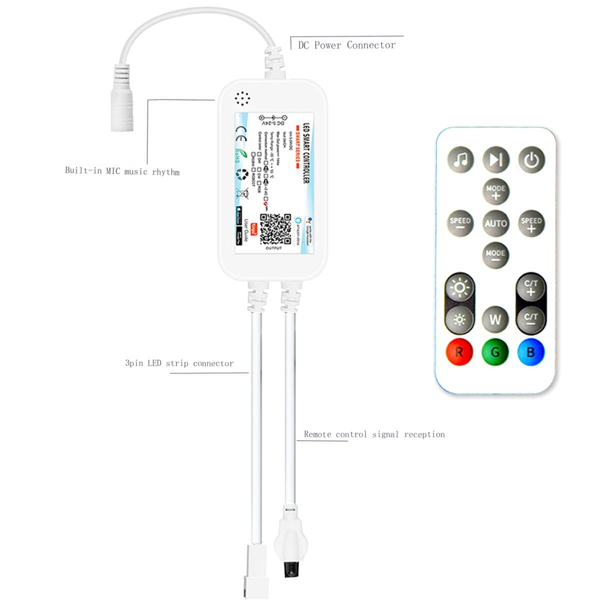 Smart tuya wlan-dream-color-controller mit +16- tasten-fernbedienung 2811/5v 12v 2812 -led-streifen, pixelsteuerung und dimmer für alexa und google