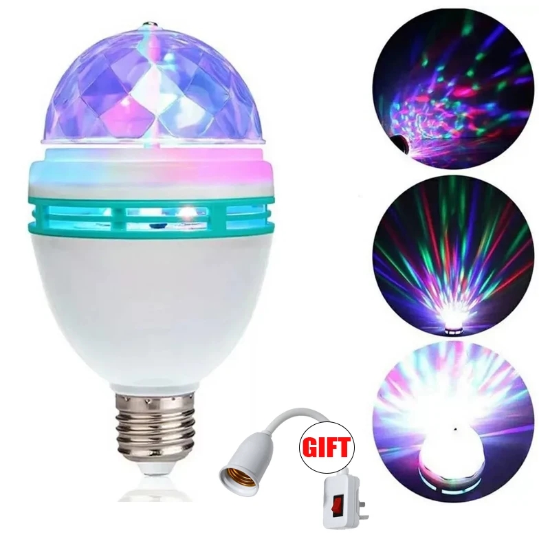 Luz de discoteca E27, lámpara de RGB giratoria, luz LED estroboscópica, Bombilla de discoteca de cristal para de cumpleaños, Club, Bar, KTV, Halloween y Navidad: Rojo, verde y azul / enchufe europeo