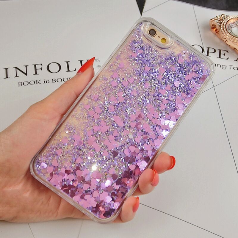 Nouvelles amours coeur paillettes étoiles dynamique liquide Quicksand souple téléphone coque arrière pour iPhone 6 6S 6plus 7 7plus 5 5S 5SE: For iPhone 7 / Purple